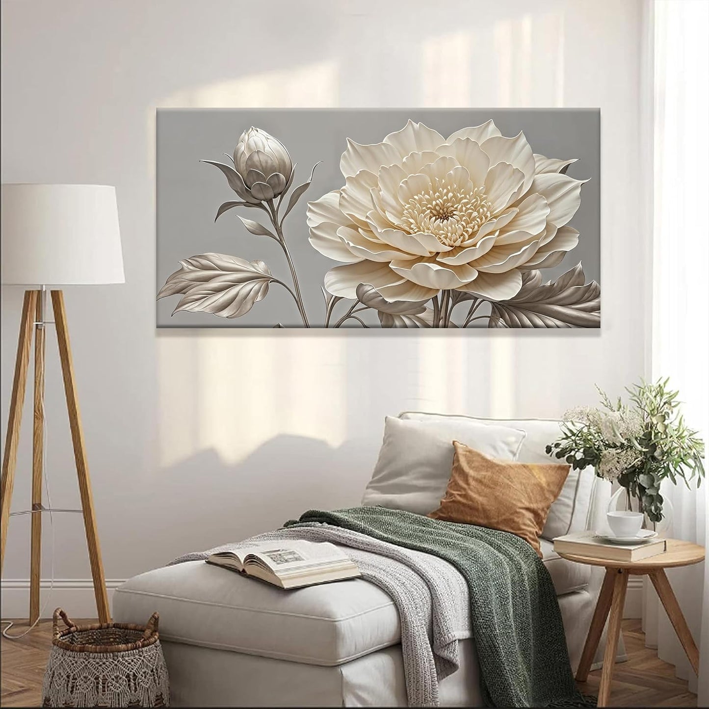 QSQ White Wall Art For Living Room Silver White Flower Wall Art Print Modern Canvas Art Wall Decor Home Decor Suitable Pictures For Bedroom Apartment Office Can Be Hung 24" X 48"