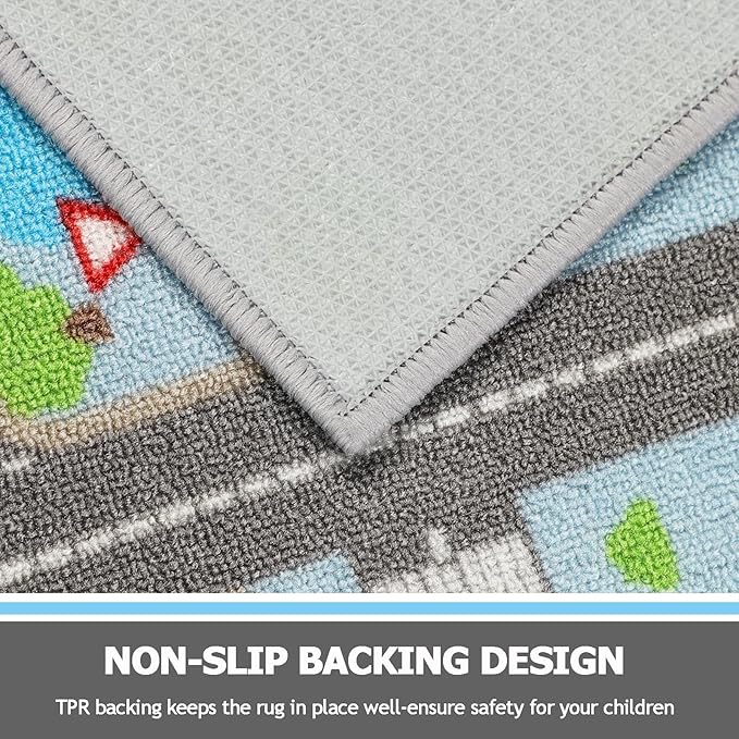 Capslpad Sky Blue Car Road Kid Rug Carpet Playmat for Playoom Traffic Road Kids Play Mat for Toddler Non Slip Washable City Map Race Track Carpet Rug for Kids Room Bedroom Nursery Room Decor,6.6'x5'