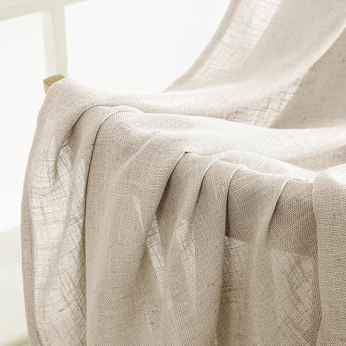 MIULEE Beige Linen Curtains 96 Inches Long 2 Panels for Bedroom Living Room, Soft Linen Textured Window Drapes Semi Sheer Light Filtering Back Tab Rod Pocket Farmhouse Modern Burlap Look Decor
