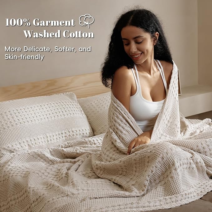 PHF 100% Cotton Waffle Blanket Queen Size for Bed, Lightweight Breathable and Soft for Summer, Luxury Aesthetic Waffle Weave Blanket for Home Decor & Gifts for Women, 90"x90", Light Taupe/Oatmeal