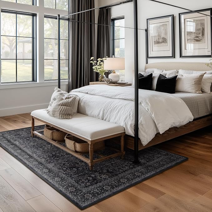 Living Room Rugs 6x8, Vintage Dark Area Rugs for Bedroom Dining Room, Washable Non Slip Low Pile Thin Carpet Rug for Guest Room Home Office, Farmhouse Distressed Midnight