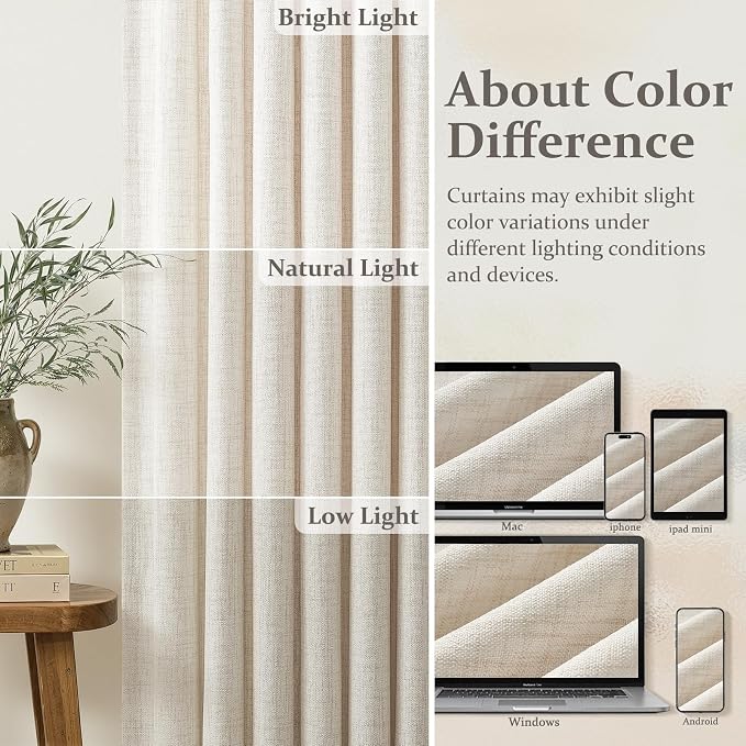 Birch Thick Linen 50 Inch Wide Viral Curtains 90 Inches Long for Sliding Glass Doors 2 Panels Set, Memory Shape Pinch Pleated Farmhouse Semi Sheer Light Filtering Dining Room Cream Ivory Window Drapes