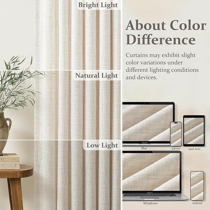 Pleated Linen Curtains 100 Inches Long for Bedroom, Memory Trained Pinch Pleat Semi Sheer Light Filtering Privacy Non See Through Modern Living Room Window Drapes 50"W x 100"L 2 Panel Set Ivory Beige