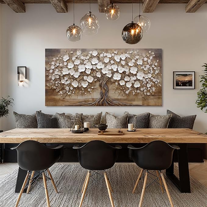 Ggaafet Retro Tree Wall Art for Living Room Canvas Oil Painting Prints Beautiful White FLower Floral Blooming Art Deco Rustic Artwork Office Bedroom Farmhouse Dining Room Decor Extra Large