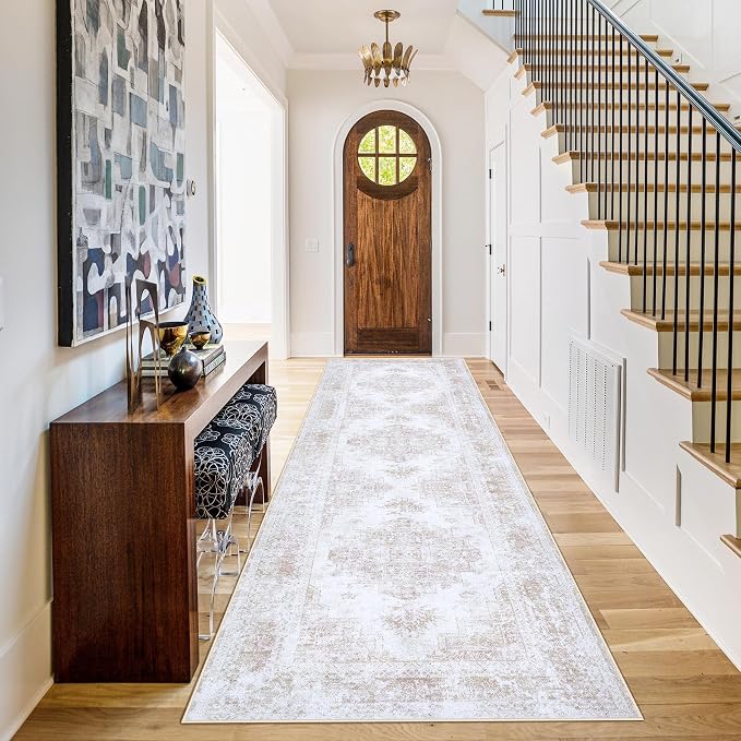XLUEZ Runner Rug 2x6 Vintage Rugs, Machine Washable Kitchen Runner Retro Medallion Distressed Rug Non-Slip Soft Low Pile Hallway Rugs for Entryway Bedroom Bathroom Laundry(Beige,2'x6')