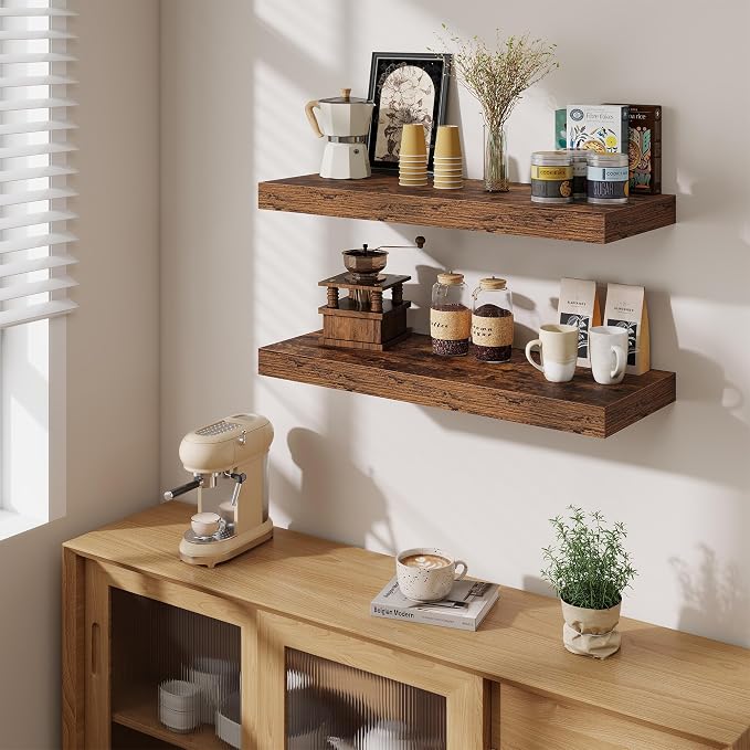 Fun Memories 32 x 12 Floating Shelves Wall-Mounted - Rustic Wood Shelf - 12 Inch Deep Floating Shelves for Wall - Large Storage Shelf for Bathroom - Kitchen & Bedroom - Rustic Brown - Set of 2