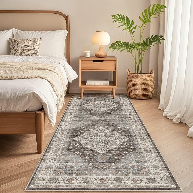 Runner Rug Kitchen Washable Rugs: 3x10 Non-Slip Boho Vintage Stain Resistant Indoor Neutral Farmhouse Throw Carpet for Hallway Bathroom Laundry Room Entryway Bedroom- Grey Brown