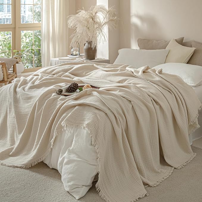 Muslin Fringe Blankets for Adults: 100% Cotton Cloud Soft | 4-Layer Gauze Breathable Lightweight All Season Throw Blanket for Bed Couch Sofa Office