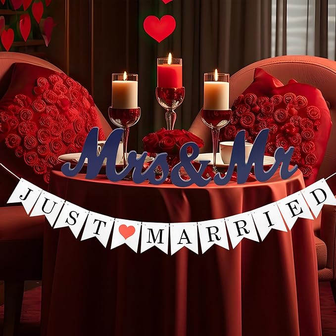 Mr Mrs Sign with Just Married Banner for Wedding Table, Mr and Mrs Wooden Letters, Mr. & Mrs. Wedding Decoration Items, Anniversary Party Vintage Decor (Navy blue W/banner)
