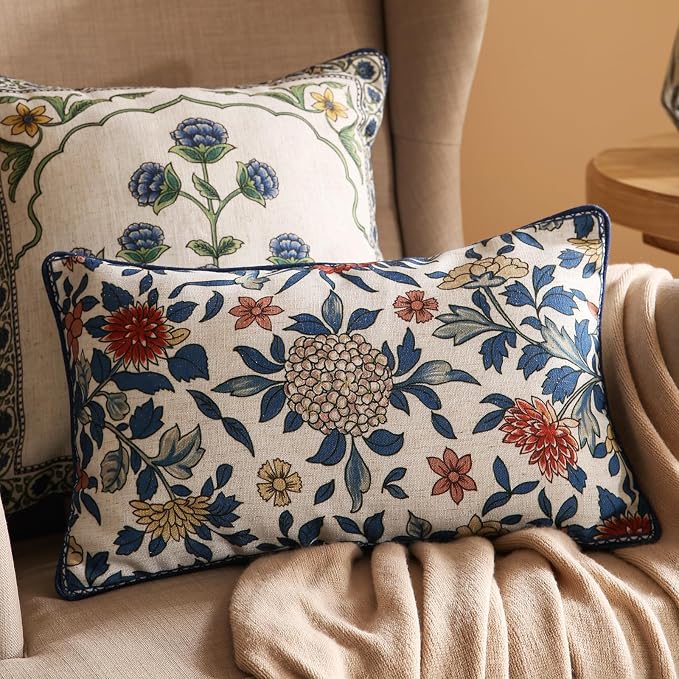 patdrea Designer Vintage Linen Throw Pillow Cover,12"x20",Set of 2-Ivar A | Decorative Pillow Cover,Blue and White Floral Pattern,Pillow Case for Couch Living Room Bedroom Sofa Outdoor