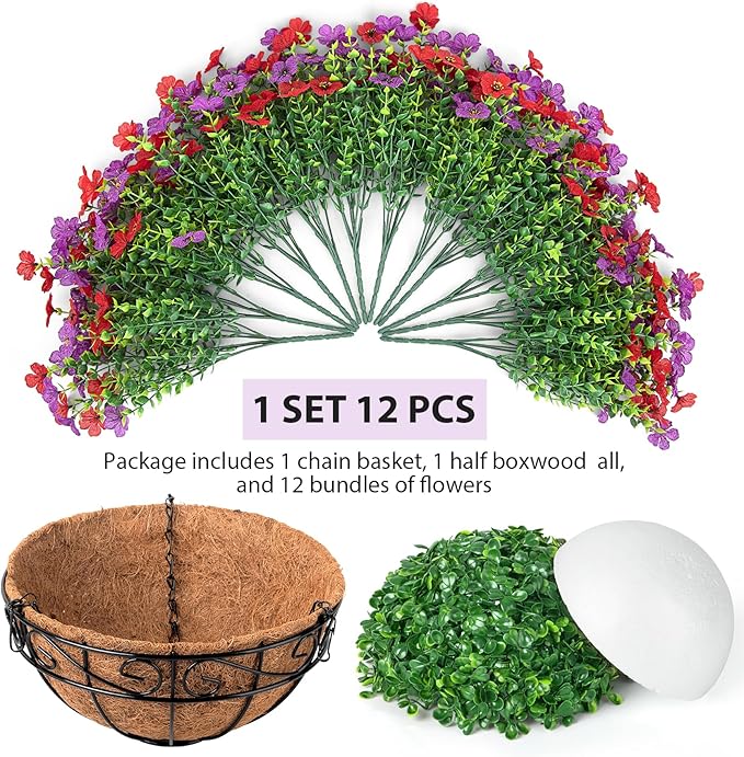Artificial Fake Hanging Flowers Plants Basket Outdoors, Faux Silk UV Resistant Look Real Daisy Eucalyptus for Spring Summer Garden Porch Home Patio Balcony Yard Decorations, Red Purple