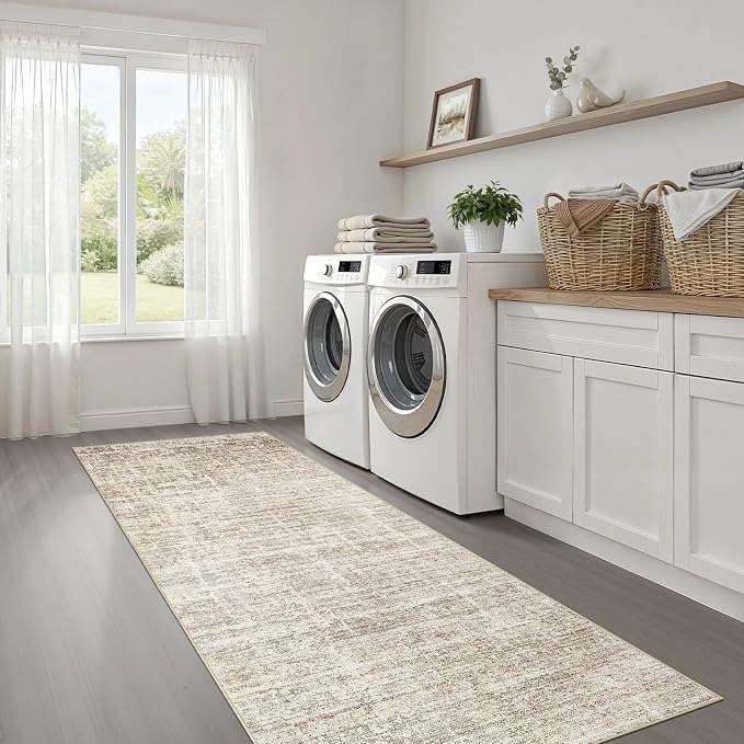 Runner Rug Non-Slip Kitchen Rug: 2x6 Washable Abstract Modern Soft Stain Resistant Indoor Floor Neutral Accent Throw Carpet for Hallway Bathroom Laundry Room Bedroom Entryway- Brown