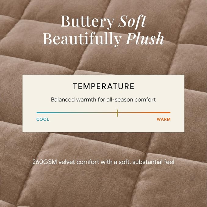 Tribeca Living Luxury Velvet Quilt Queen Size Set - 260GSM Ultra-Soft Oversized Velvet Bedspread Comforter Set with 2 Shams, in Florence Taupe