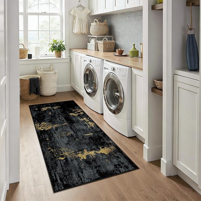 RELEANY Washable Area Rugs 3x6 Non-Slip Modern Abstract Soft for Living Room Entryway Bedroom Nursery, Print Pattern, Dark Black Gold