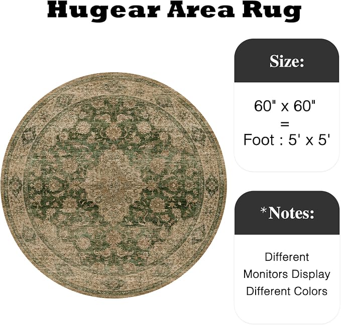 HUGEAR Round Rug 5ft Entryway Rugs Machine Washable Retro Green Hallway Area Rug 5x5 Small Circle Accent Rug Floral Low Pile Carpet Soft Throw Rug Living Room Office Laundry Room Entrance Non Slip