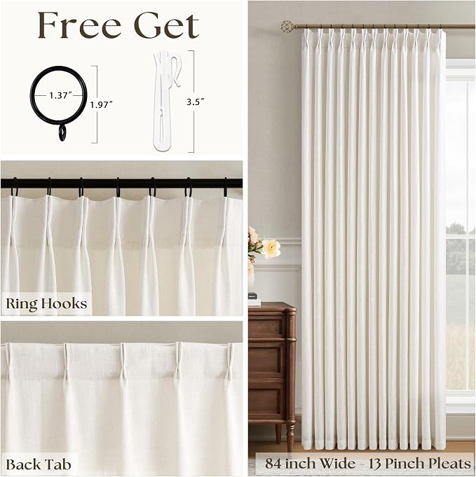 Pinch Pleated 84 Inch Wide Curtain 90 Inches Long Cream Ivory Beige Linen Curtain Drapes for Patio Sliding Glass Door with Hooks Rings Privacy 84 x 90 Inch Length Drapes Living Dining Room 1 Panel