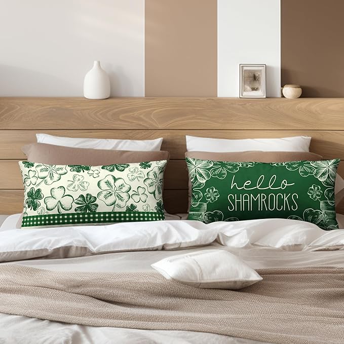 Green Lucky Charm Lumbar Pillow Covers 12x20 Set of 2 Hello Shamrocks St Patricks Day Throw Pillow Covers Clover Hat Cotton Linen Cushion Case for March Holiday Home Outdoor Decor Sofa