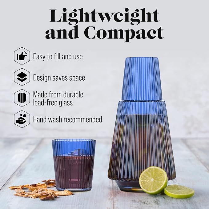 American Atelier 37 oz Vintage Bedside Water Carafe with Tumbler Lid – 9.25" Ribbed Glass Pitcher for Nightstand, Guest Room, Office, Functional & Stylish Drinkware for Daily Use (Blue)