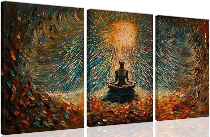Framed Abstract Yoga Meditation Wall Art Set of 3Piece Canvas Poster Prints Painting, Vibrant Colorful Energy Flow, Tranquil Woman in Meditation for Home, Yoga Meditation Room,Office,Bedroom,16X24in