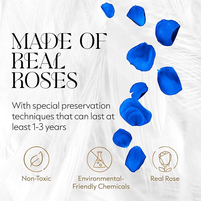 GLAMOUR BOUTIQUE Flower Forever Gift Box, 12 Real Preserved Roses in Round Velvet White Box, Handmade Floral Gift with Rose Petals for Birthday, Anniversary or Graduation, Blue (Color-Treated)