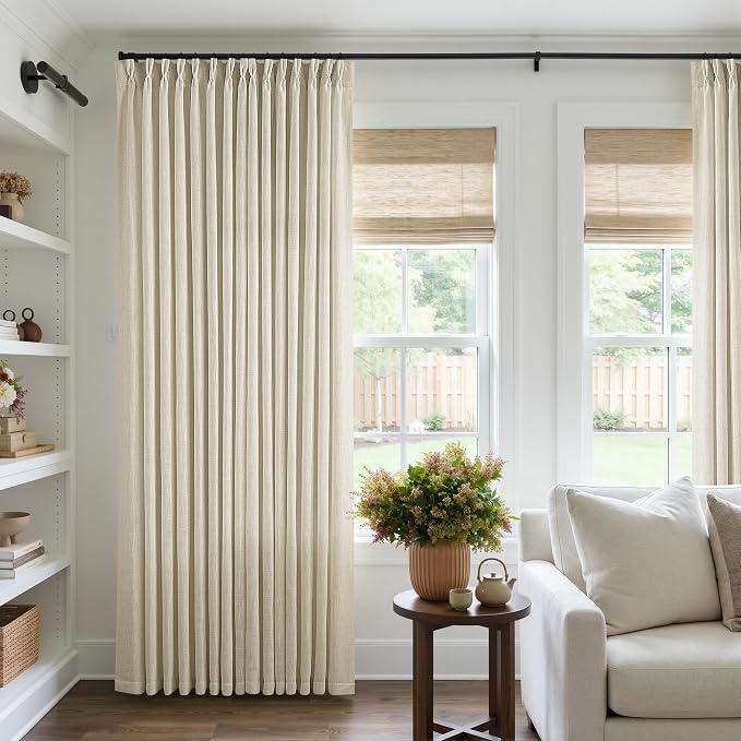 Extra Wide Pinch Pleat 100 x 108 Inch Linen Curtains for Living Room Neutral Beige Light Filtering Semi Sheer Pleated Curtains for Patio Glass Sliding Door Dining Bedroom Large Window 100x108 1 Panel