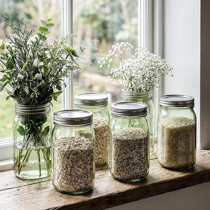 Rubtlamp Green Mason jar 32 oz, 12 Pack Glass Jars - Wide Mouth Mason Jars with Airtight Lids for Pickling, Fermenting, Food Storage&DIY Crafts, Microwave & Dishwasher Safe