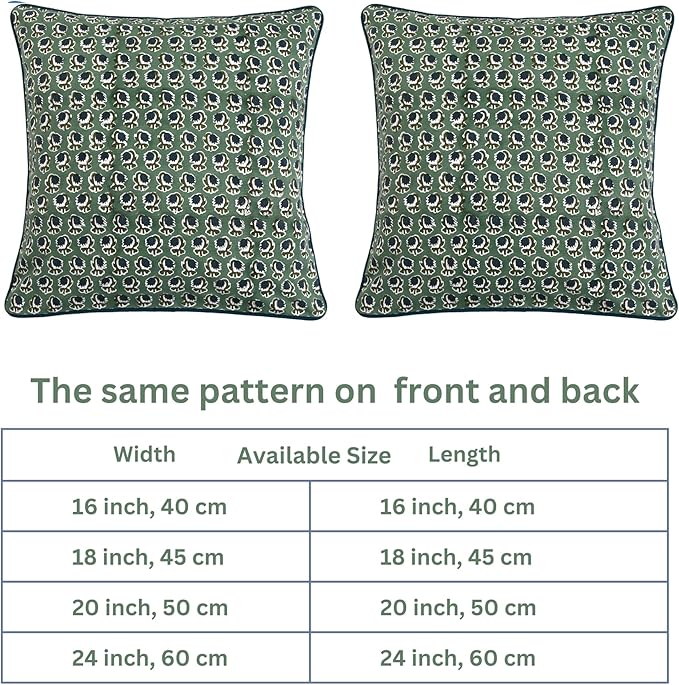 Ridhi Block Print Basil Green Pillow Cover 16" x 16" (Pack of 2) Decorative Couch Pillows for Living Room, Chic Boho Cute Outdoor Pillows Covers Gifts for Spring, Easter and Valentine