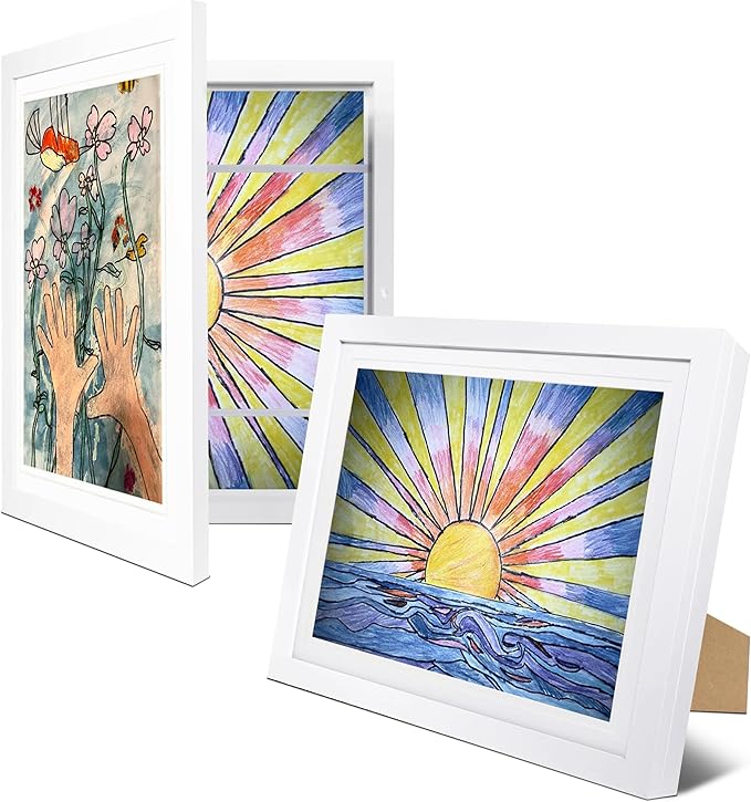 2-Pack Kids Artwork Frames Changeable 10x12.5 with Easel Stands, Hangers, Backboards, Shatterproof Plexiglass | 2 Mats Fit 9x12, 8.5x11, A4 Paper Sizes | Large and Easy-Access Kids Art Frame Display and Storage for up to 100 Sheets (White)