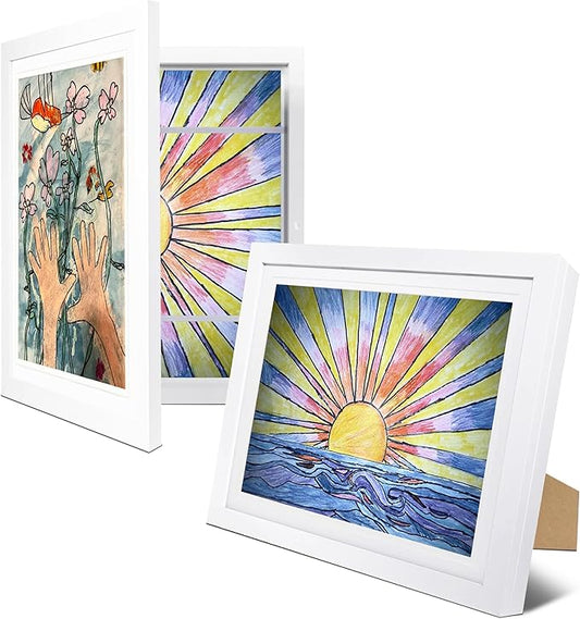 2-Pack Kids Artwork Frames Changeable 10x12.5 with Easel Stands, Hangers, Backboards, Shatterproof Plexiglass | 2 Mats Fit 9x12, 8.5x11, A4 Paper Sizes | Large and Easy-Access Kids Art Frame Display and Storage for up to 100 Sheets (White)
