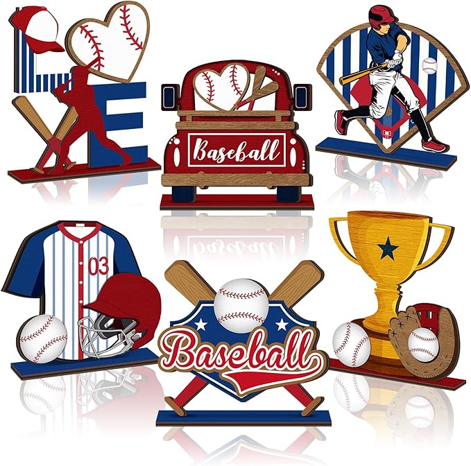 Cinnvoice 6 Pcs Baseball Table Decorations Wooden Table Centerpieces Rustic Wood Tabletop Sign Decorations for Home Kitchen Office Farmhouse Desk Shelves Party Tiered Tray Decor