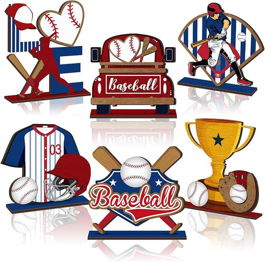 Cinnvoice 6 Pcs Baseball Table Decorations Wooden Table Centerpieces Rustic Wood Tabletop Sign Decorations for Home Kitchen Office Farmhouse Desk Shelves Party Tiered Tray Decor