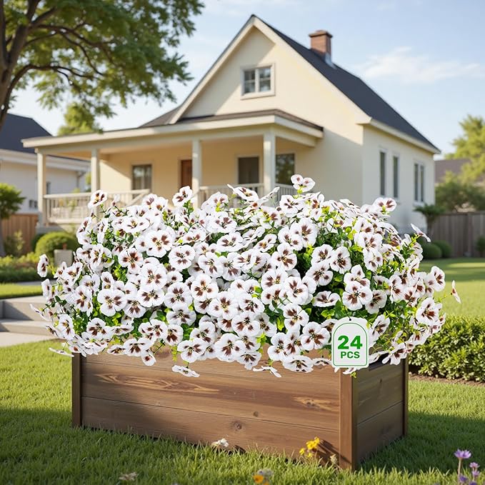 24 Pcs Artificial Fake Pansy Flowers for Outdoor,Faux Silk Plants Flowers UV Resistant Pansies Spring Flowers for Planter Front Door Porch Yard Patio Garden Window Box Home Decor(White)