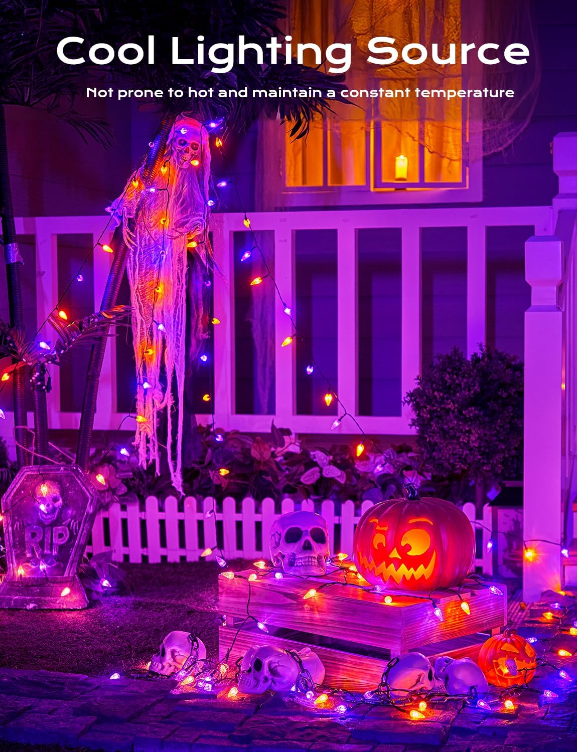 Brightown Solar Operated C6 Halloween Outdoor Lights, 22.64ft 50 LEDs Orange Purple Halloween Lights, Strawberry LED Fairy Lights, Solar Waterproof String Light for Tree, Garden Decor Outdoor