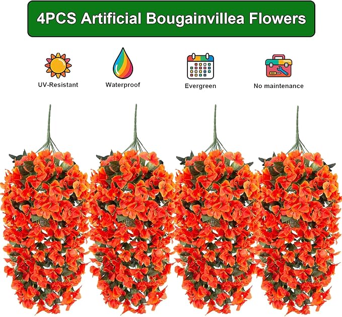 Grunyia 4 Pack Faux Bougainvillea Artificial Flowers, UV Resistant Silk Trailing Vines for Outdoors (Orange)