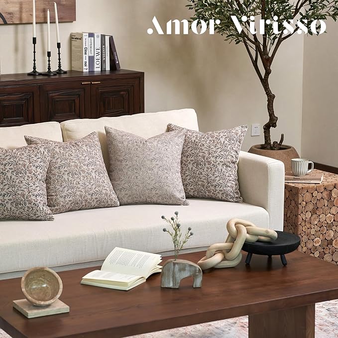 Amor Virisso Floral Throw Pillow Covers 18x18 Set of 2 Couch Pillows for Living Room Farmhouse Vintage Block Print Pillow Covers Decorative Pillow Covers Accent Sofa Pillows, Green/Sand