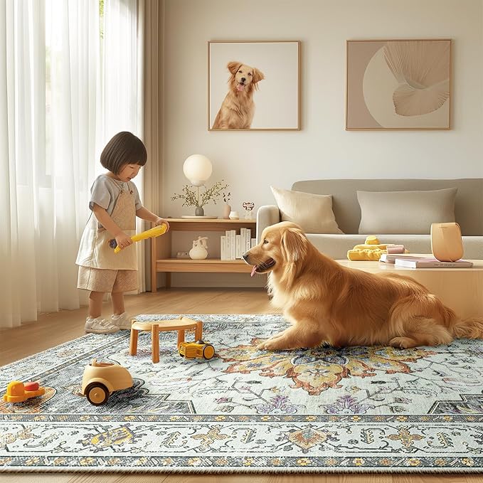 RELEANY Area Rugs 3'x5' Washable Non-Slip, Floral Vintage Distress Print Pattern Medallion Carpet for Living Room Bedroom Dining Room, Light Yellow Carbon Grey Orange