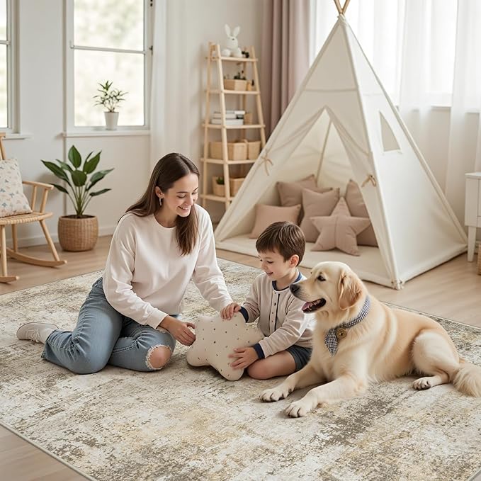 8x10 Area Rugs for Living Room Bedroom: Abstract Washable Rug with Anti-Slip Backing Non-Shedding Stain-Resistant Soft Large Carpet for Dining Room Nursery Hallway Indoor Home Office Beige Grey