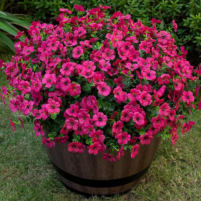 Lnoicy 20 Bundles Artificial Flowers for Outdoor Fake Plants for Spring Decoration,Faux Eucalyptus Flowers for Planter UV Resistant Lifelike for Home Porch Garden（Rose Red）