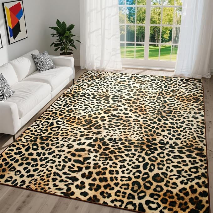 DweIke Leopard Print Rug for Living Room, Machine Washable 5x7 Cheetah Area Rugs for Bedroom, Non-Slip Low Pile Animal Hide Carpet with Rubber Backing for Dining Room Kitchen Home Decor,White Brown