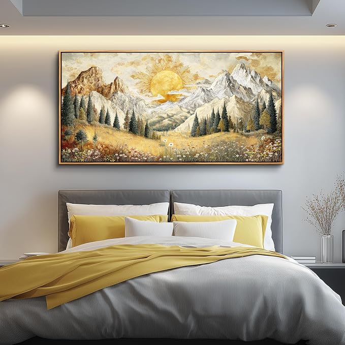 XIGUANGART Mountain Wall Art,Framed Large Canavs Wall Art,Wildflower Forest Art,Modern Farmhouse Decor,Living Room Pictures Paintings,Sunrise Abstract Art,Landscape Bedroom Office Decorations 30x60