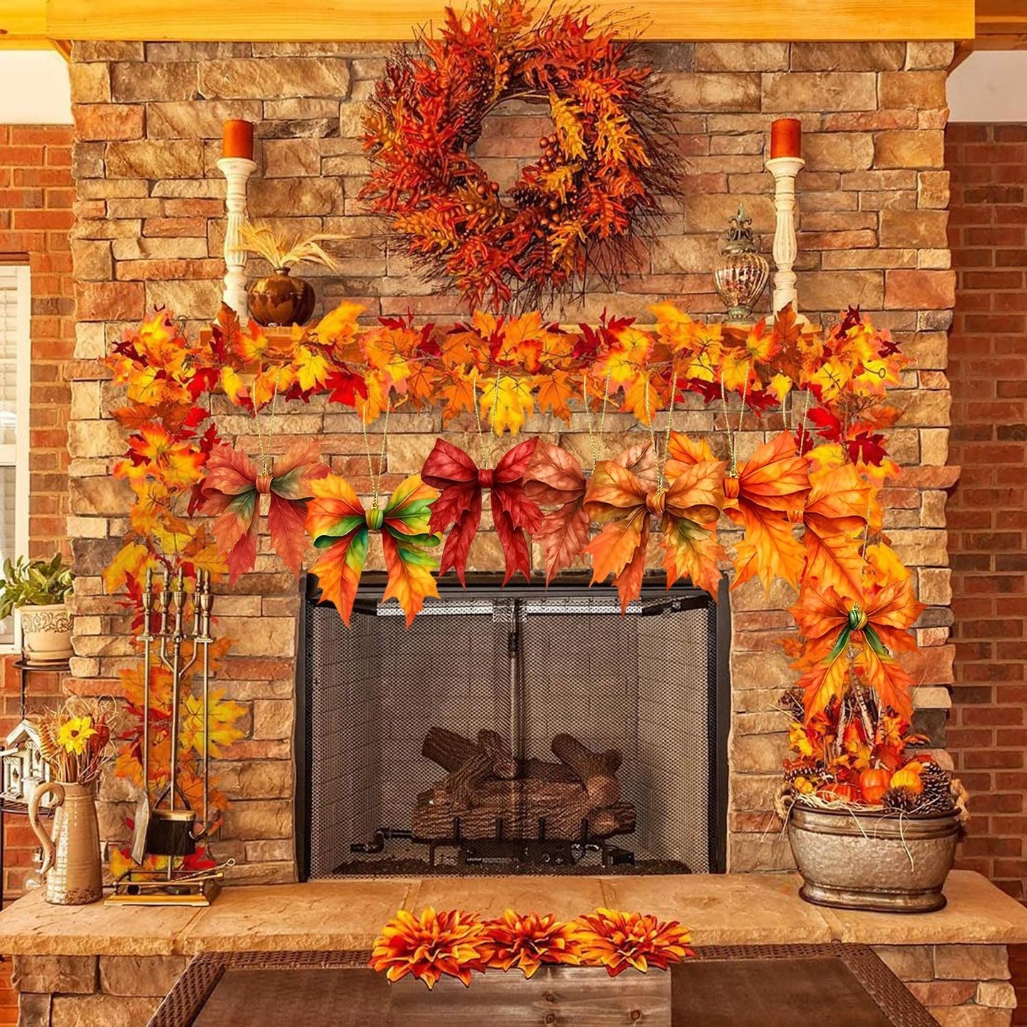 Fall Thanksgiving Hanging Ornament,9 Pcs Cute Bow Shaped Maple Leaf Acrylic Pendant, Funny Cartoon Christmas Tree Ornaments Decorationfor Tree Mini Autumn Leaf Decorations Indoor Outdoo