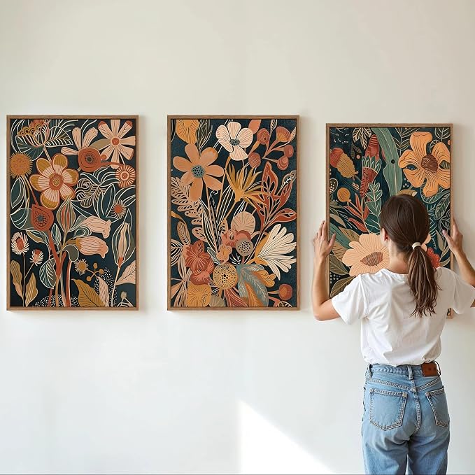 Tinonedraw Vintage Burnt Orange Floral Framed Canvas Wall Art Set of 3, Boho Chic Flower Artwork, Mid Century Modern Plant Wall Decor, Colorful Neutral Botanical Art Prints for Bedroom Living Room Office 16"x24"