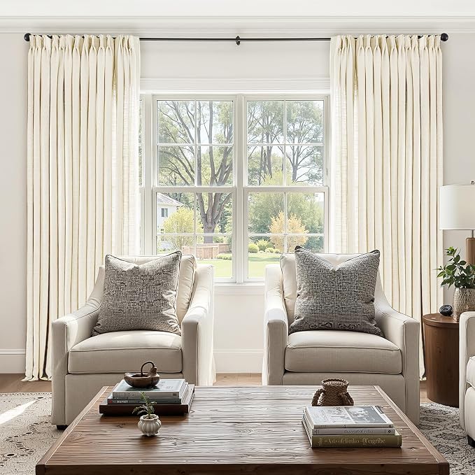 102 Inch Long Pinch Pleat Linen Curtains for Living Room Bedroom 2 Panels Rustic Country Farmhouse Cream Beige Light Filtering Semi Sheer Pleated Drapes Hooks Rings Back Tab for Window Sliding Door