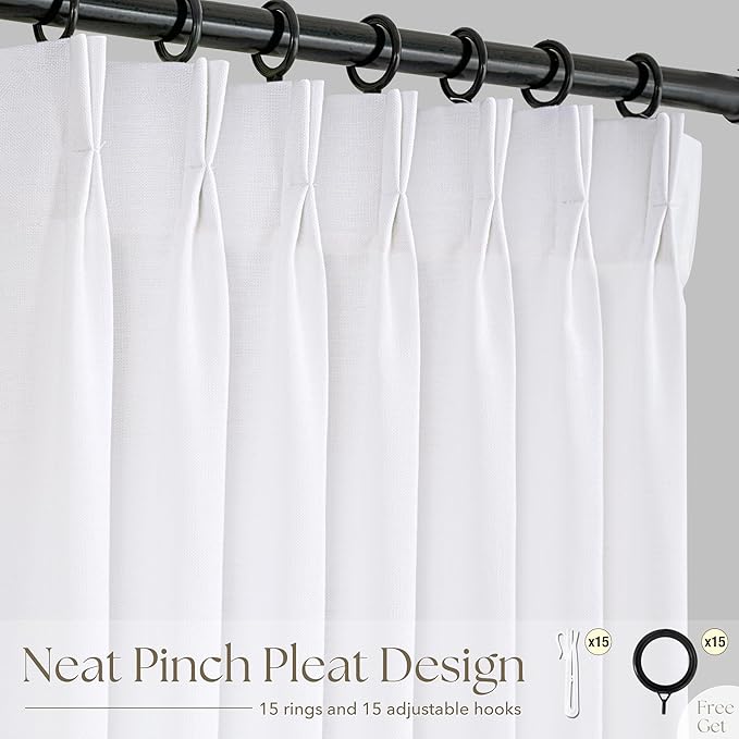 Pinch Pleated White Curtains 120 inch Length for Living Room 2 Panels Light Filtering Semi Sheer White Linen Drapes Modern Elegant Coastal Decor Aesthetic Memory Shape Window Curtain 120 inches Long