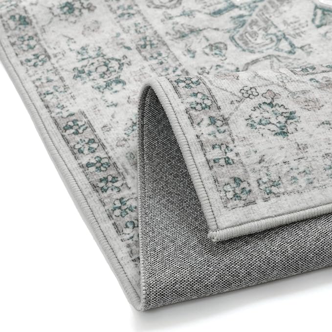 PureCozy Blue 8x10 Area Rug Vintage Washable Living Room Carpet Non Slip Bedroom Indoor Office Low Pile Large Traditional Distressed Retro Accent Rug for Dining Room Bathroom Kitchen