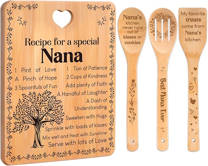 Gifts for Nana - "Recipe for a Special Nana" Nana Birthday Gifts Cutting Board Set, Bamboo-Made Engraved Utensil Set Nana Birthday Gifts, Grammy/Nanny/Granny/Gran Presents, Mothers Day Gifts for Nana