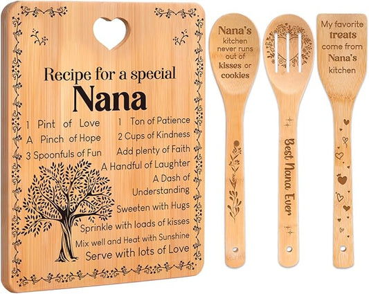 Gifts for Nana - "Recipe for a Special Nana" Nana Birthday Gifts Cutting Board Set, Bamboo-Made Engraved Utensil Set Nana Birthday Gifts, Grammy/Nanny/Granny/Gran Presents, Mothers Day Gifts for Nana