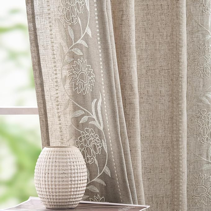 jinchan Winslow Linen Curtains for Bedroom 96 Inches Length Embroidered Bordered Floral Curtains for Living Room Farmhouse Decor Light Filtering Window Treatments Ivory on Taupe Drapes 2 Panels