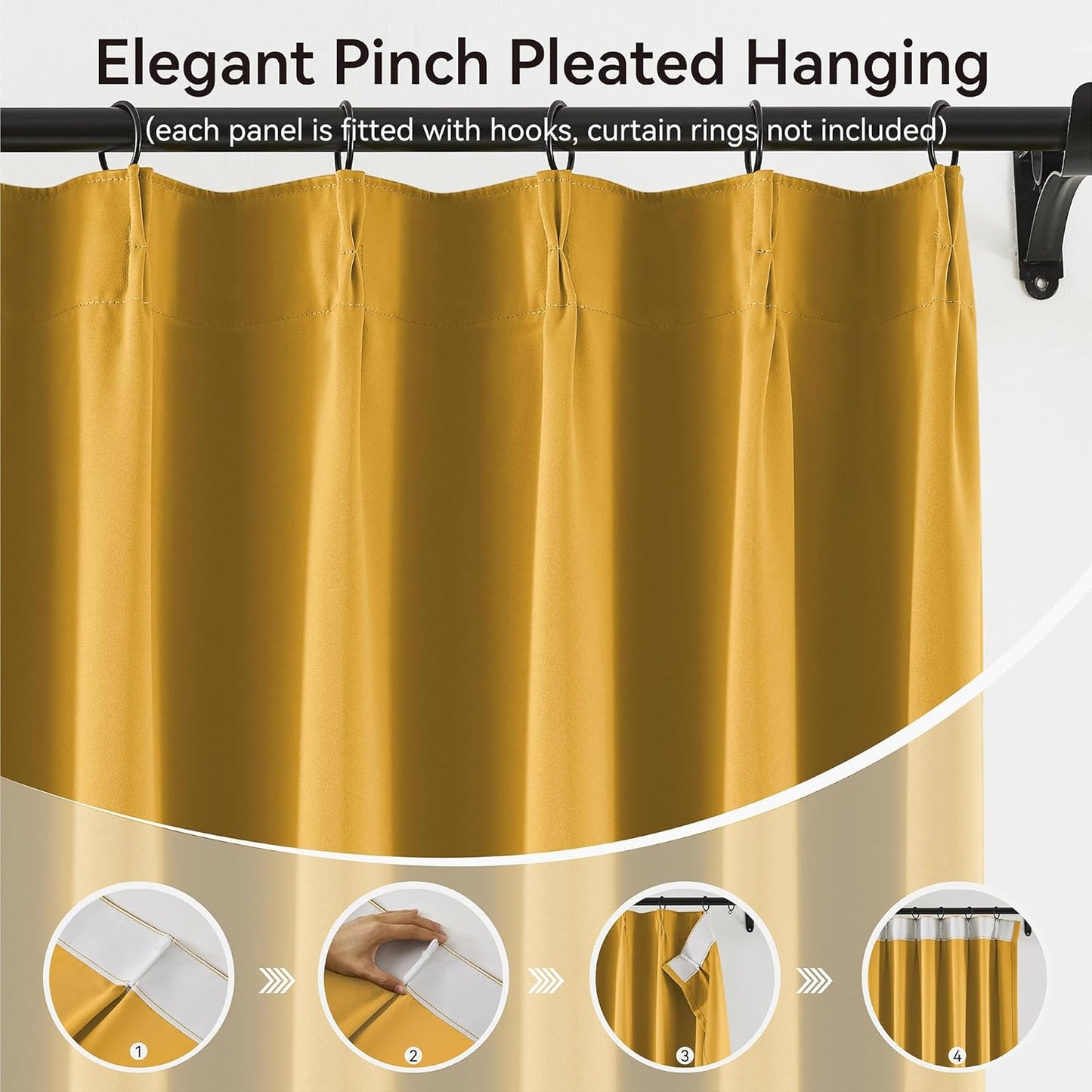 KangBang Room Darkening Yellow Curtains 108 Inches Long, Pinch Pleated Thermal Insulated Luxury Window Treatments for Living Room Dining with Hooks, Heat Blocking Pleated Drapes(40"x108"x2)