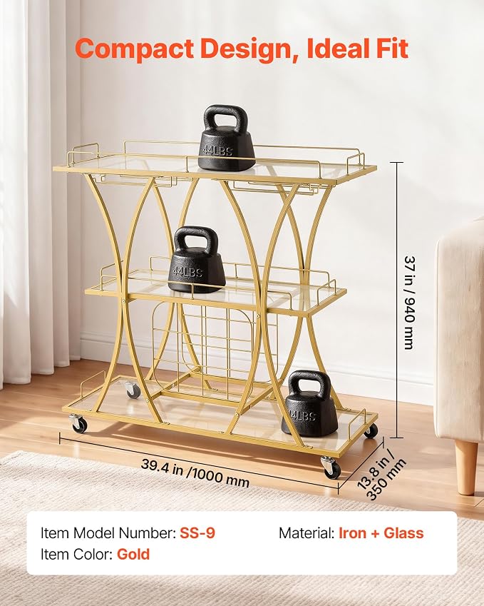 VEVOR Bar Cart, 3 Tiers Home Kitchen Serving Carts, Modern Rolling Utility Station on Wheels, Drink Beverage Trolley with Tempered Glass Shelves, Wine Rack, Glass Holder, for Living Dining Room, Gold